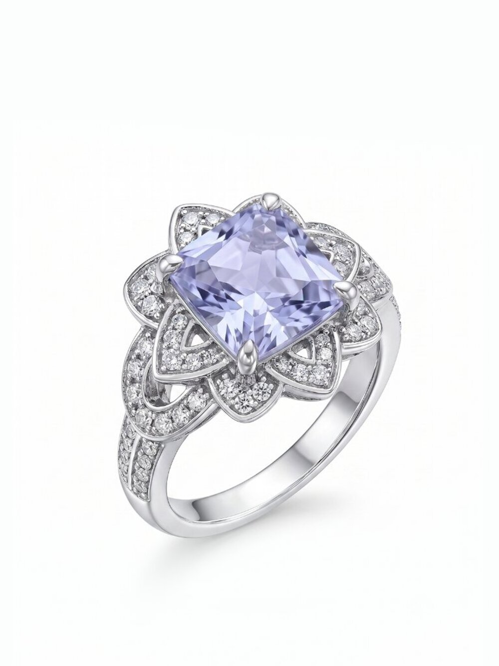 Princess Cut Floral Halo Ring - Lavender Purple, Liz Halston 925 Sterling Silver